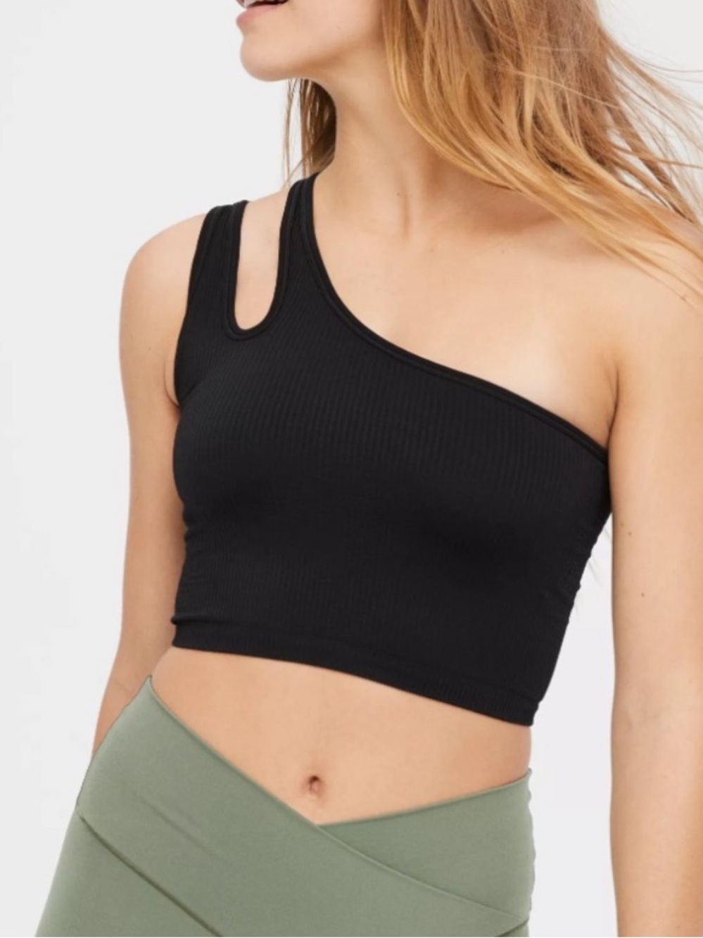 Aerie Superchill Seamless Asymmetric One-Shoulder Black Ribbed Crop Top